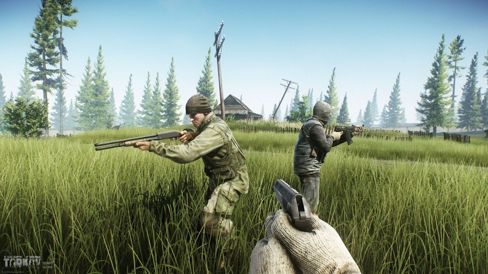 Screenshot from Escape from Tarkov showing lush greenery and two soldiers.