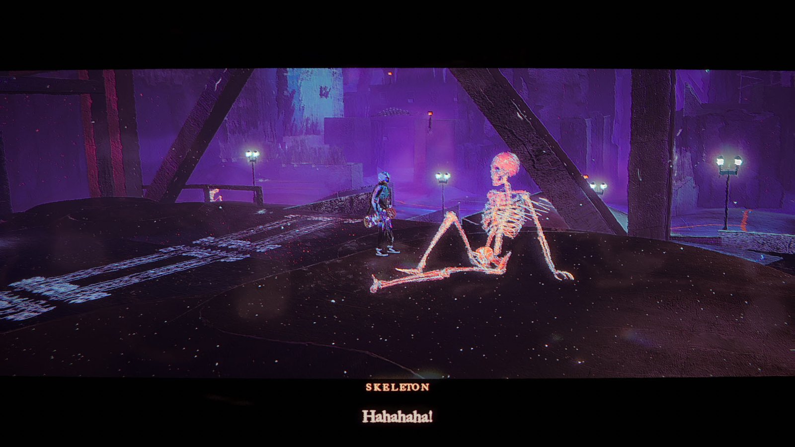 The player speaks with a giant skeleton in Skate Story who is laughing gleefully