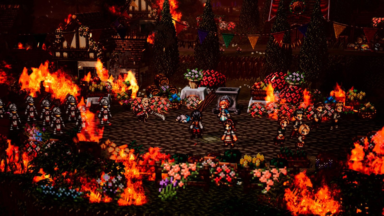 The hero's town burns in Octopath Traveler 0