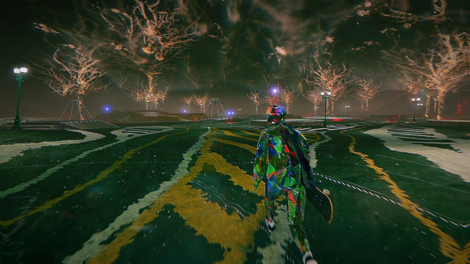 Offboard, the player walks through a park at night in Skate Story