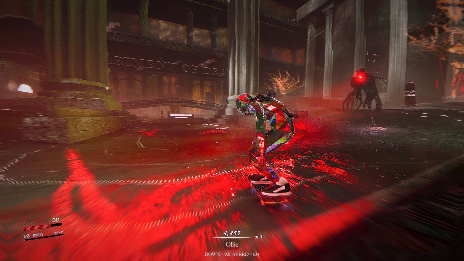An enemy approaches in a temple-like space in Skate Story as the player prepares to ollie