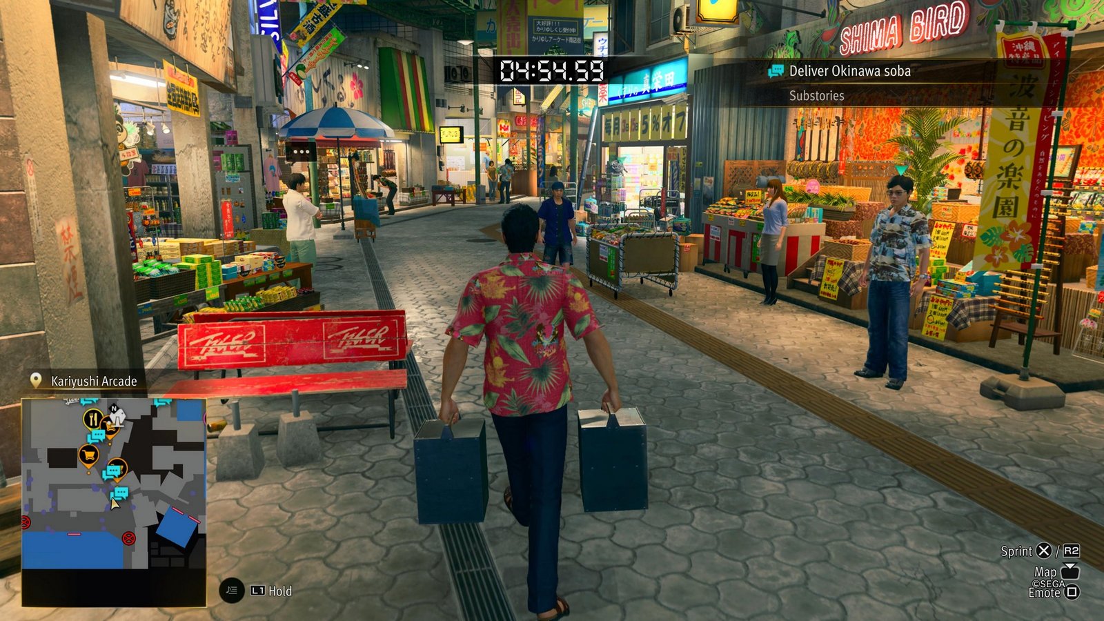 Kiryu walsk through a shopping arcade in Yakuza Kiwami 3 &amp; Dark Ties while delivering soba noodles