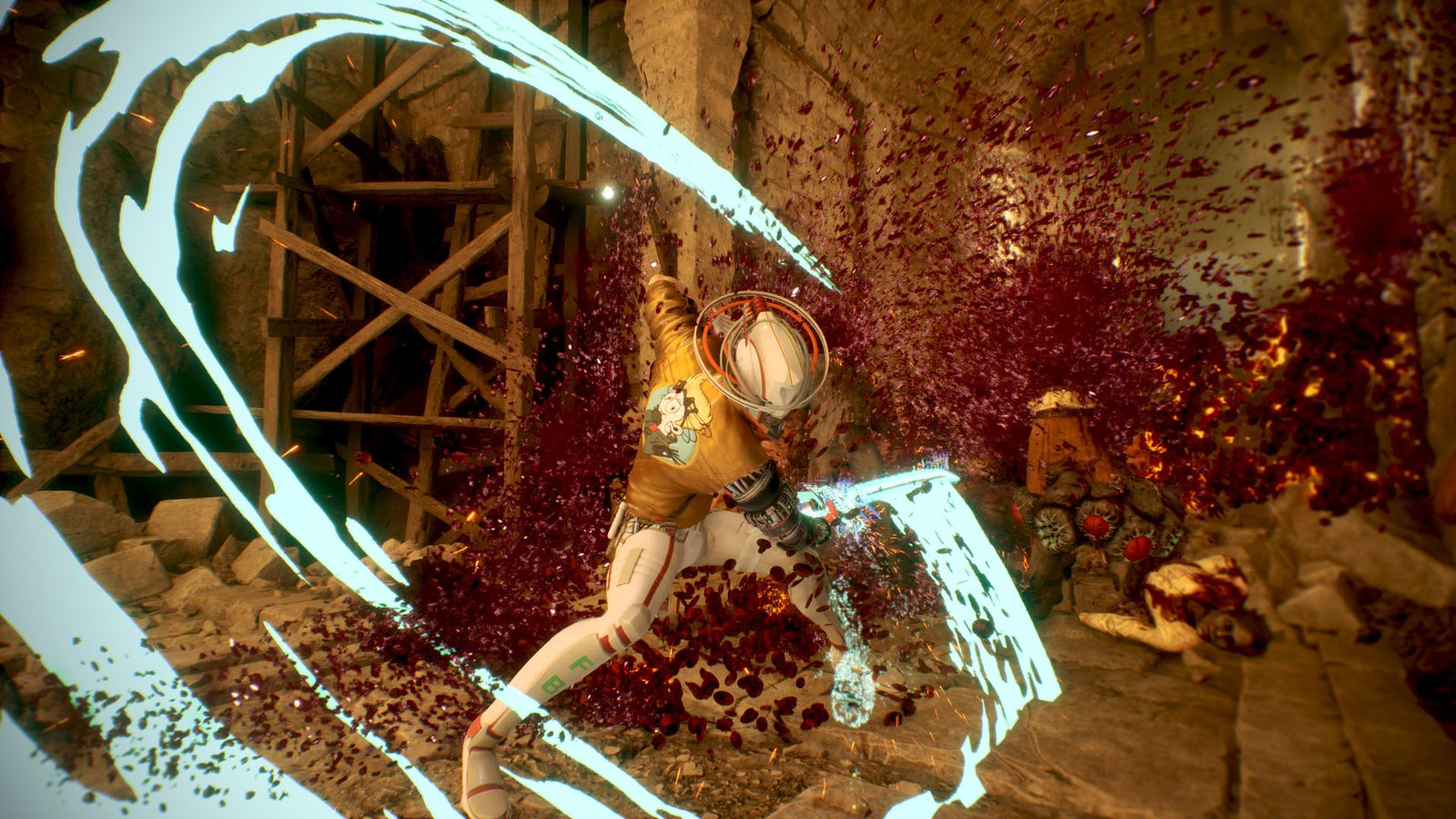 Romeo cuts enemies to shreds with a large, arcing slash in Romeo is a Dead Man