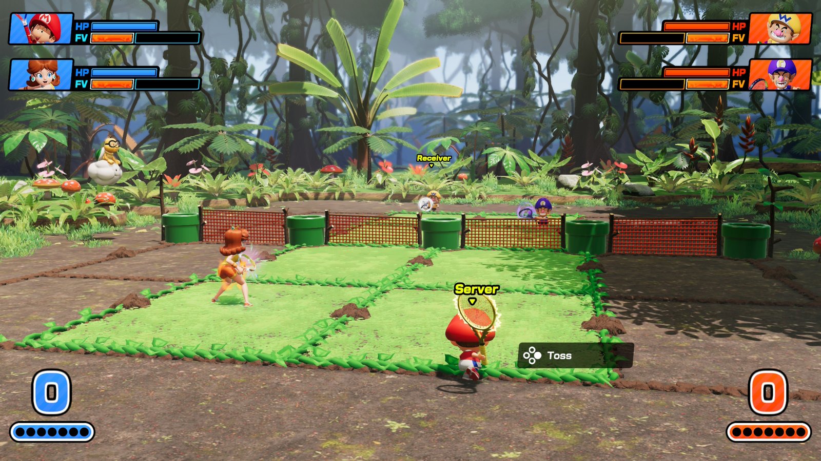 Baby Mario prepares a serve in Mario Tennis Fever on a muddy, grassy jungle court