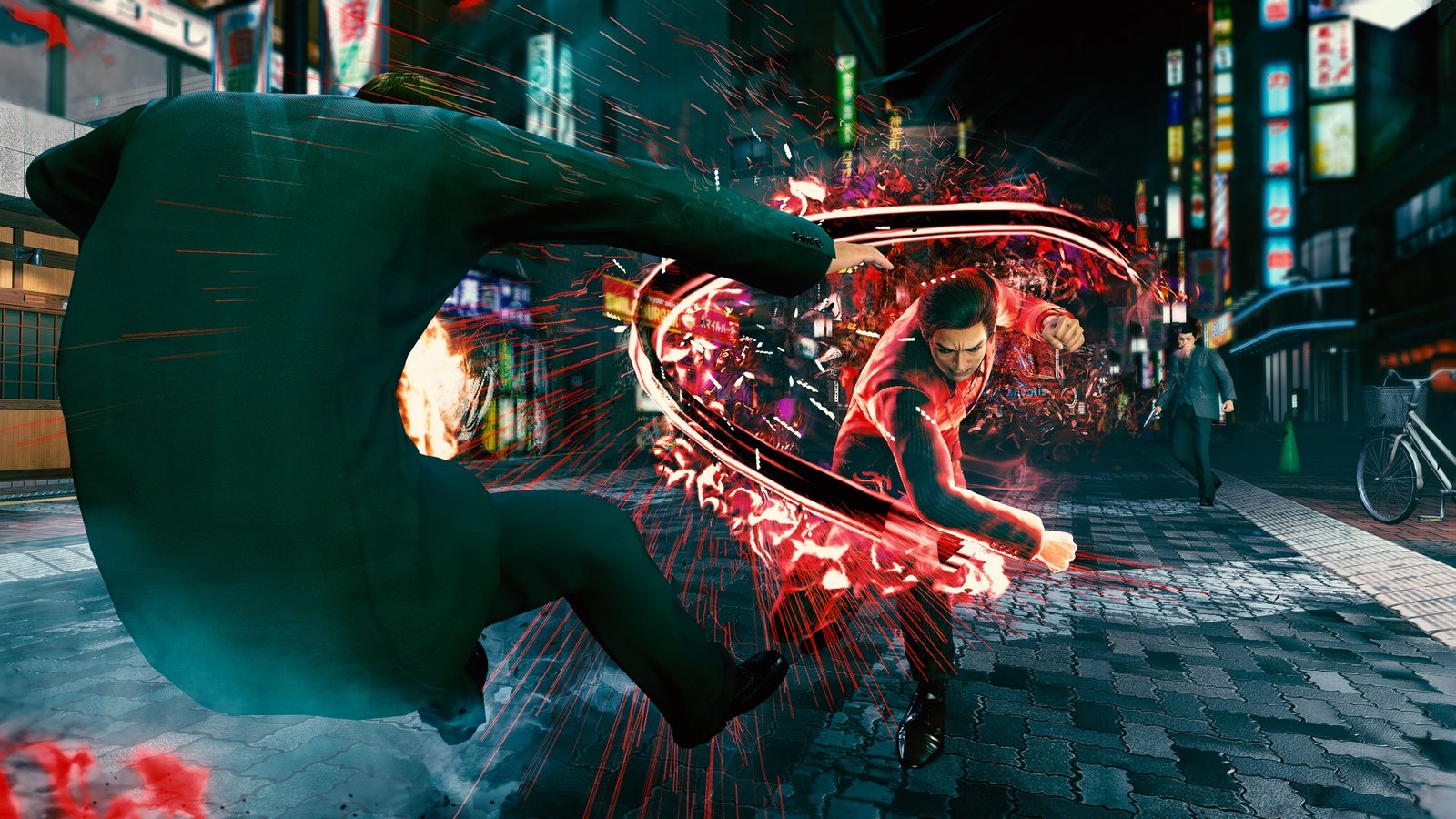 Yoshitaka Mine pummels enemies with his boxer style moves in the dark, neon-lit streets of Kamurocho, Tokyo in Yakuza Kiwami 3's Dark Ties campaign