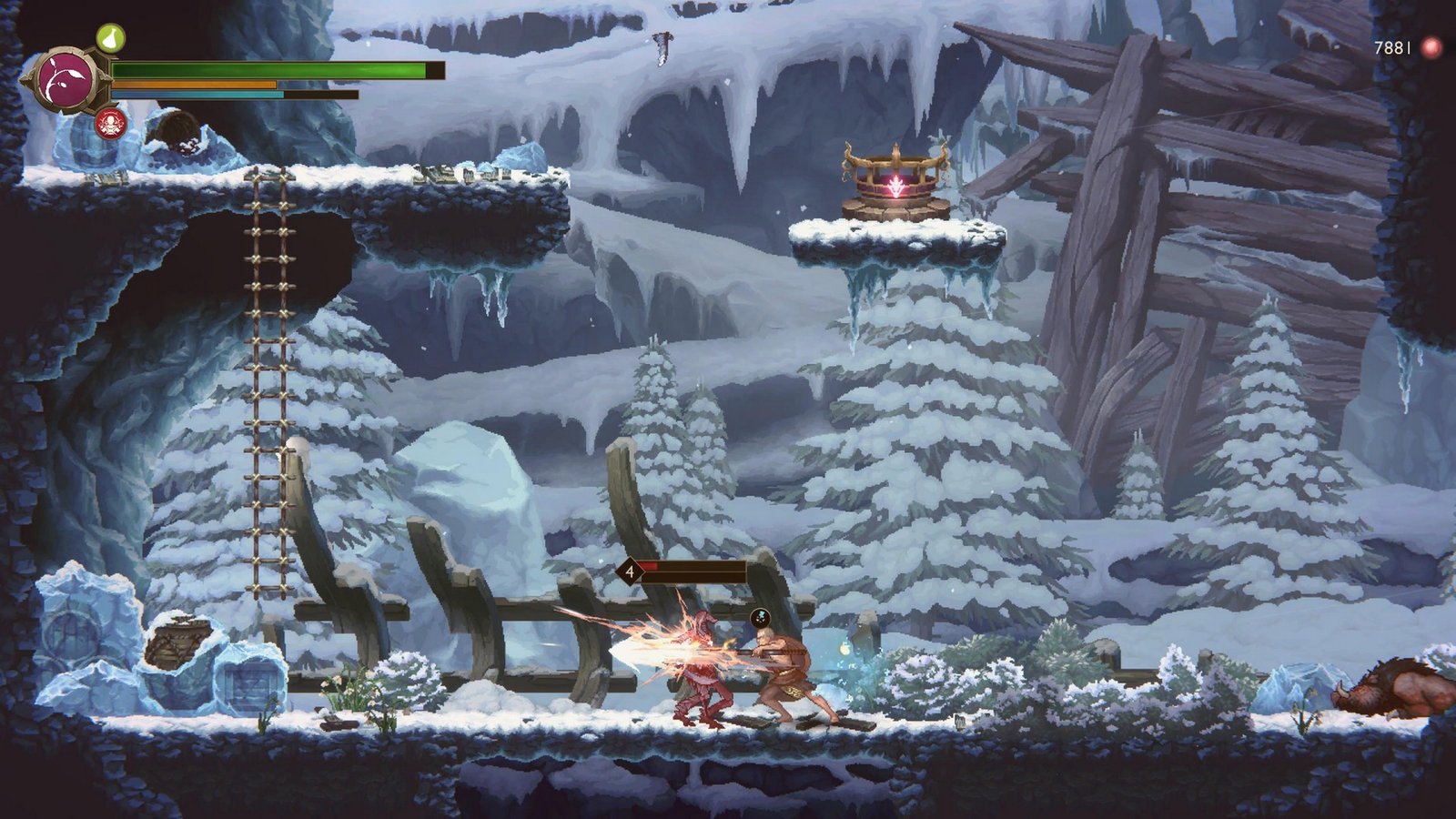 Kratos attacks an enemy with a spear on an icy mountain in God of War Sons of Sparta