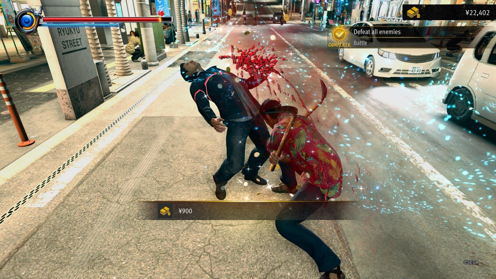An enemy goes flying in Yakuza Kiwami 3 &amp; Dark Ties as Kiryu attackes with dual scythes