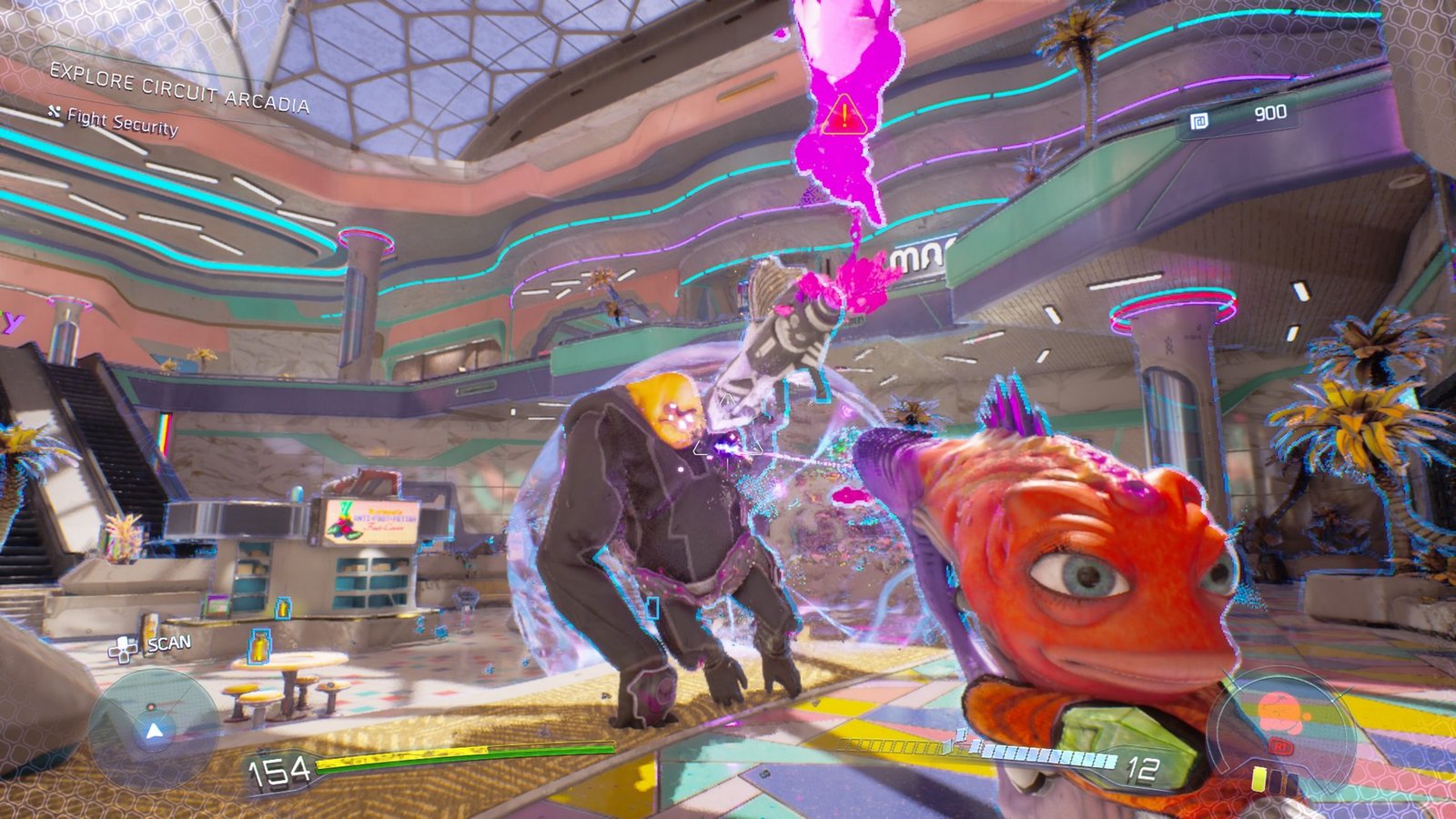 Fighting big aliens in High on Life 2 using Sweezy, through a 1980s style mall