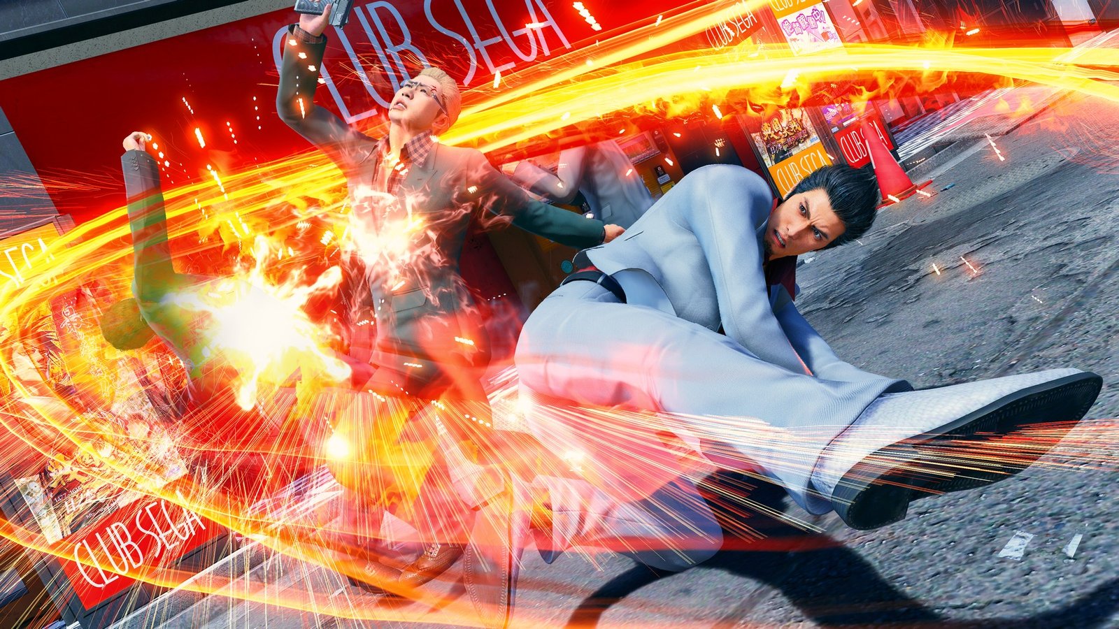 Kazuma Kiryu batters enemies in the streets using his classic dragon style combos in Yakuza Kiwami 3 &amp; Dark Ties