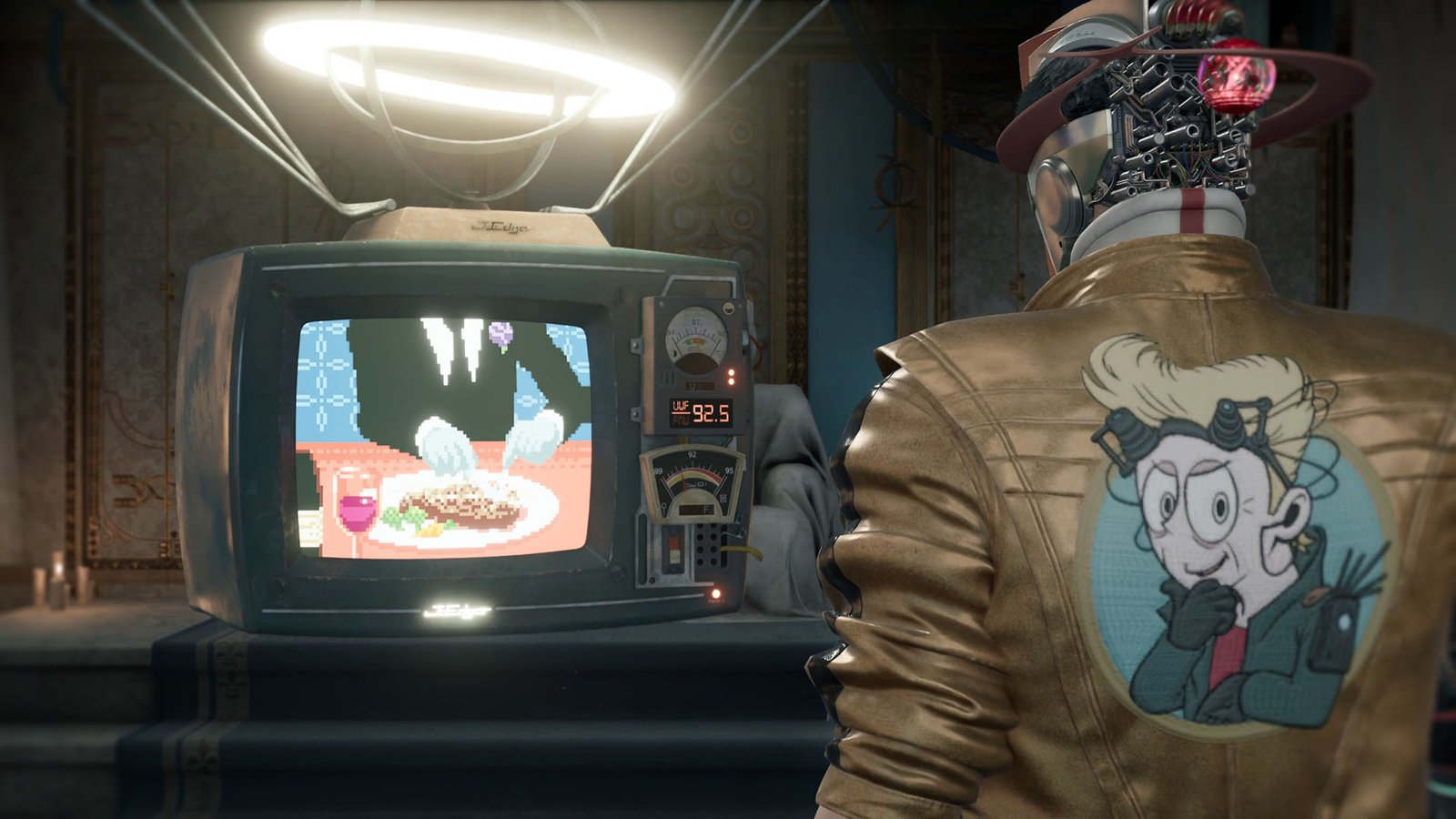 Romeo looks at an old-timey TV in Romeo is a Dead Man showing a pixellated man in a suit eating a dinner from the neck down