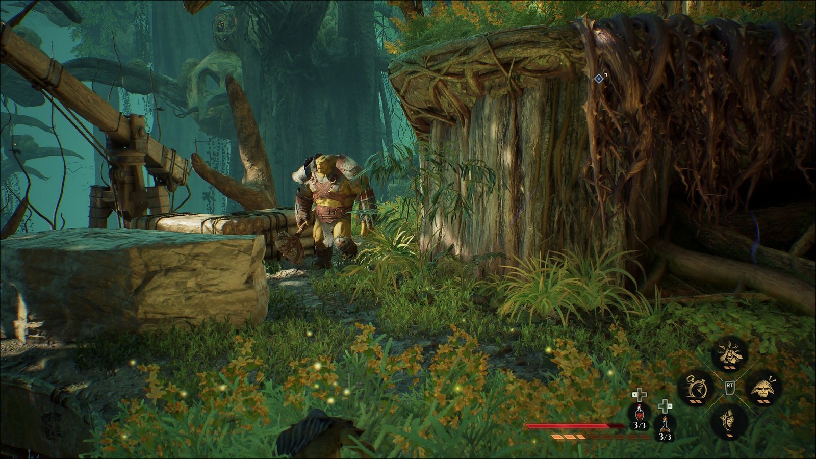 Styx hides in bushes as an orc approaches in the lush Turquoise Dawn in Styx: Blades of Greed