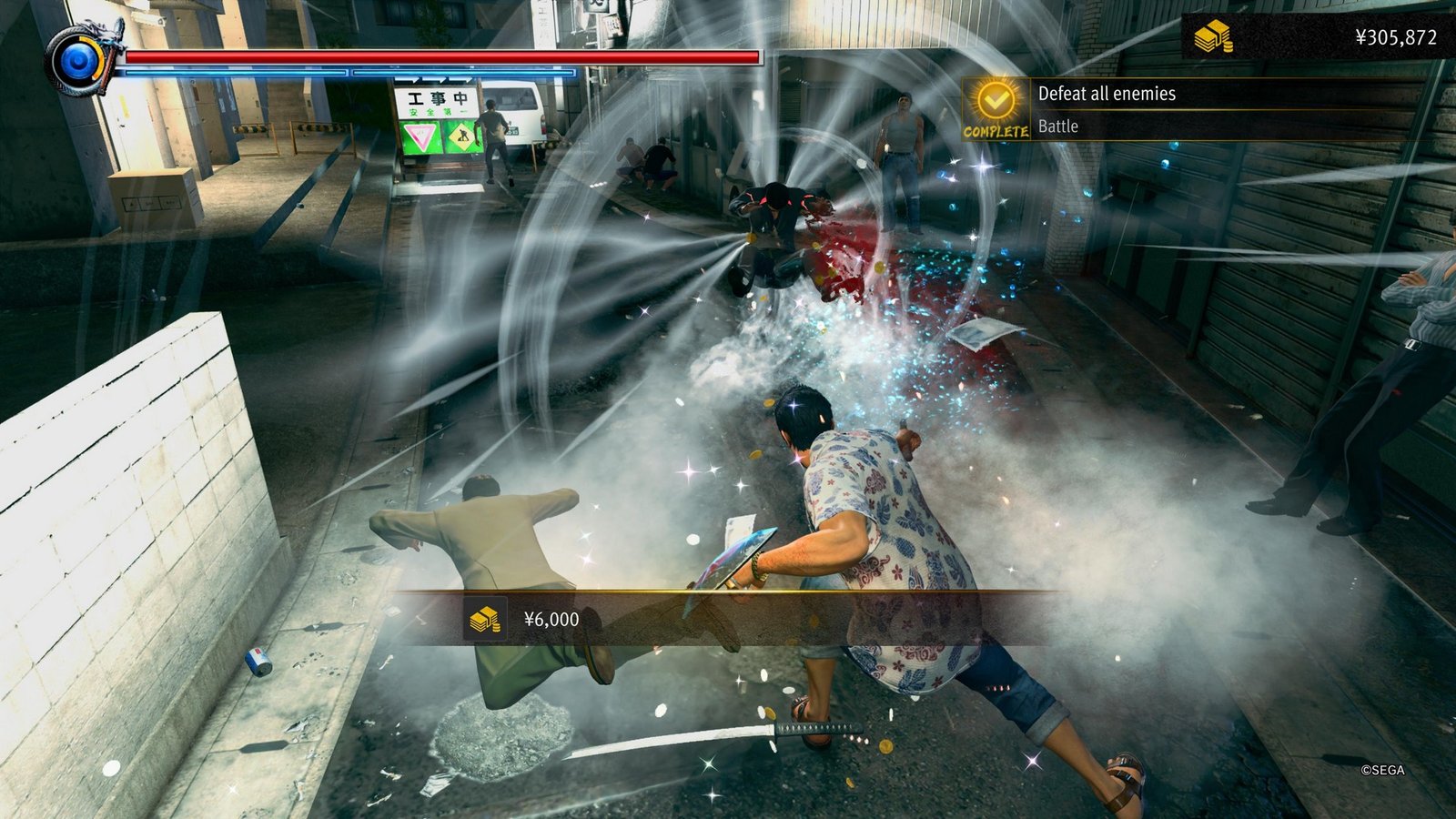 Kiryu blows enemies away with a shield smash in Yakuza Kiwami 3 &amp; Dark Ties