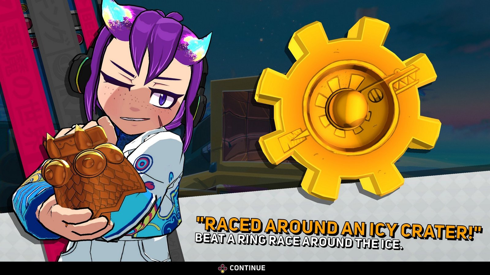 Beebz celebrates getting a gear by posing next to it, with text saying "Raced around an icy crater!" in Demon Tides