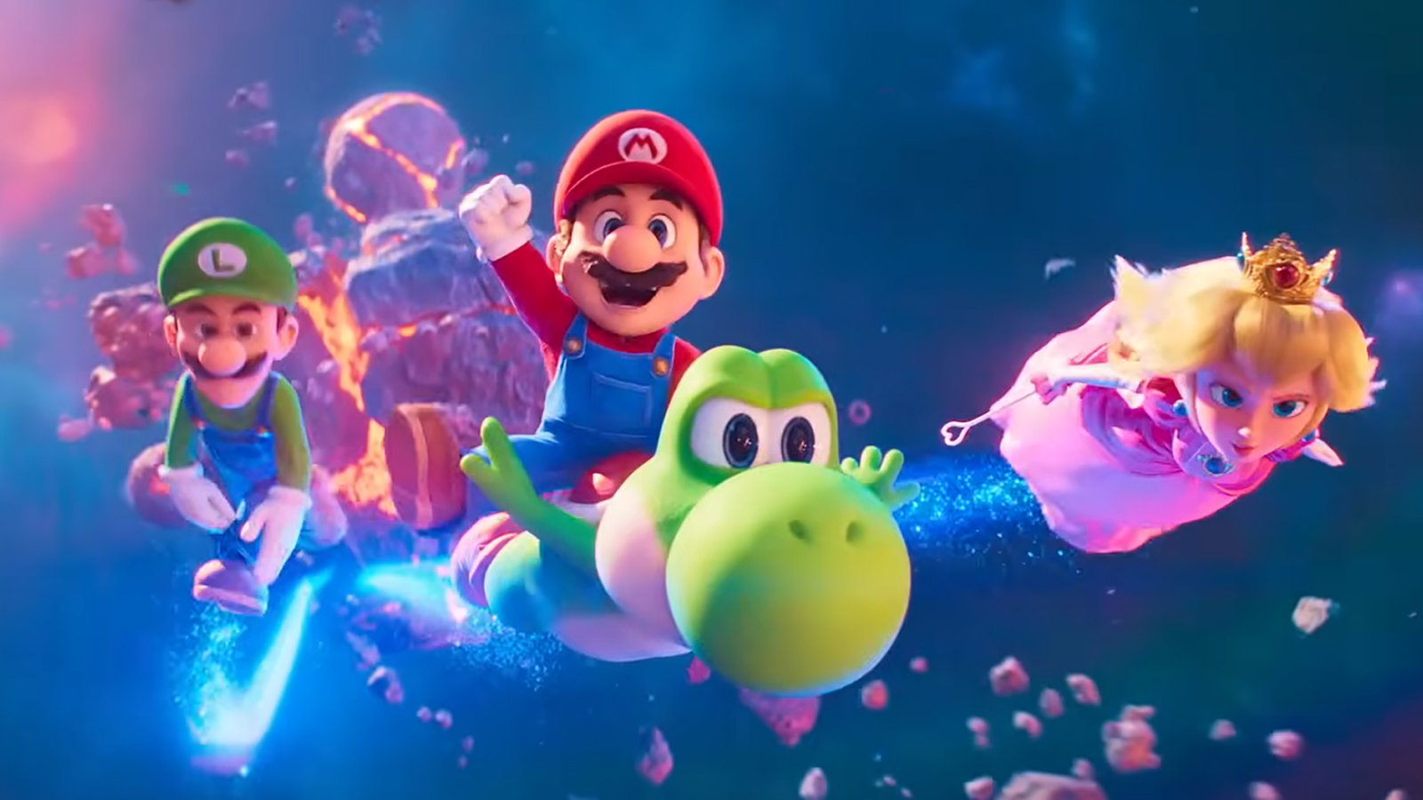 Mario riding Yoshi through space with Luigi and Peach flying along beside him