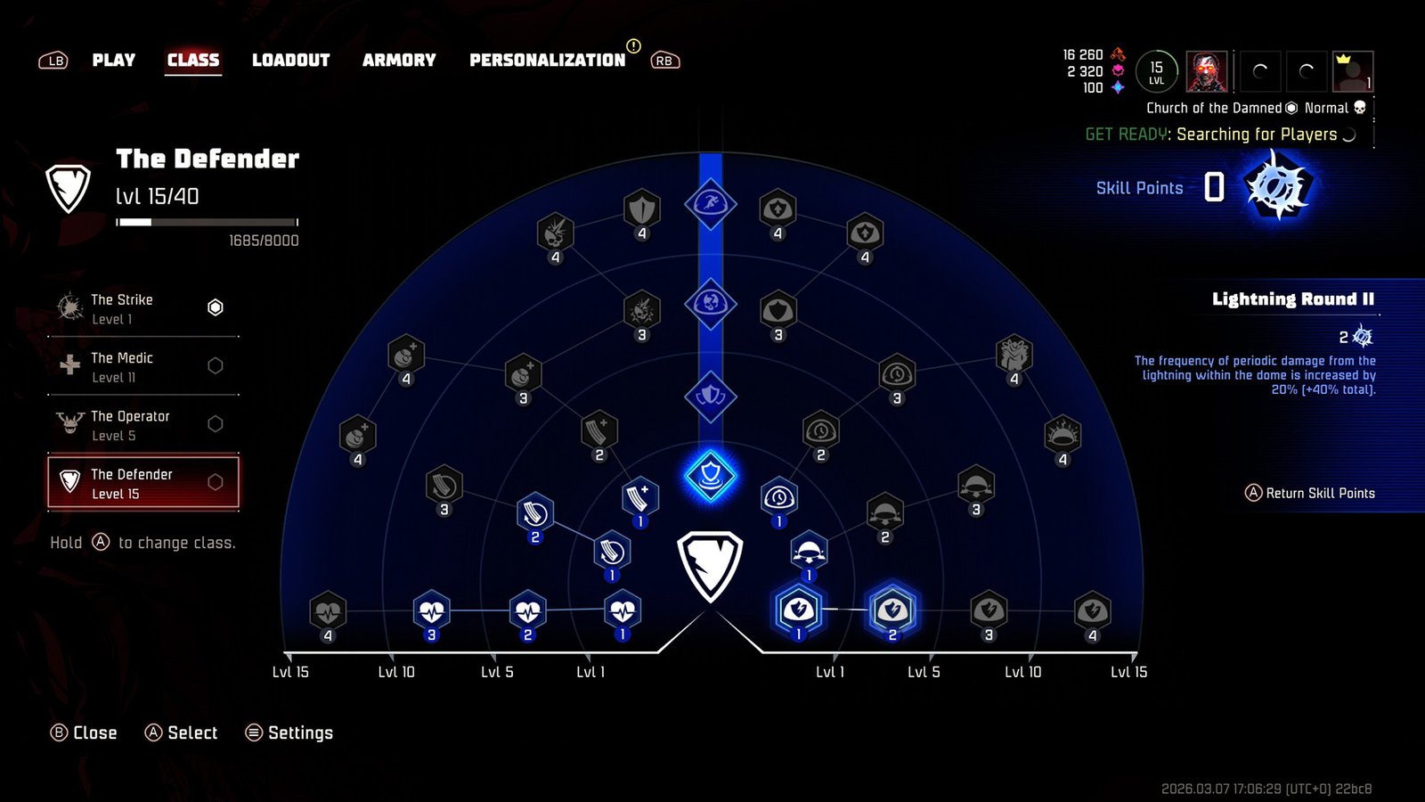 Looking at The Defender skilltree in John Carpenter's Toxic Commando, showing lots of nodes, some with blue highlights