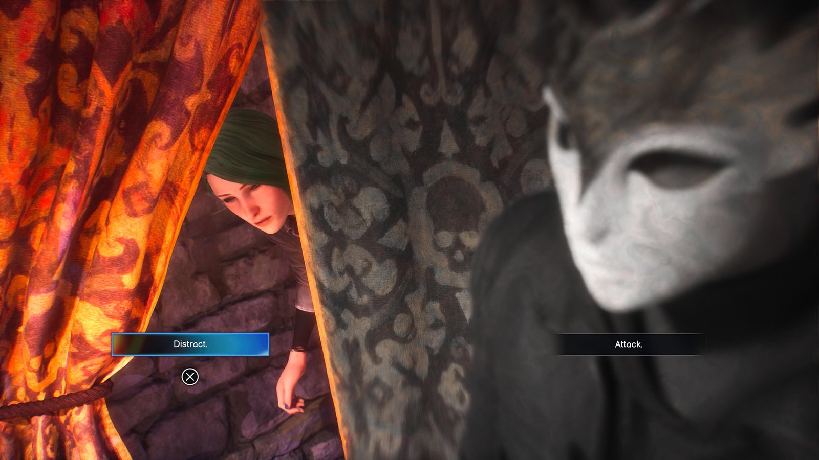 Chloe hides behind a curtain from a masked character nearby, with the option to either Distract or Attack them