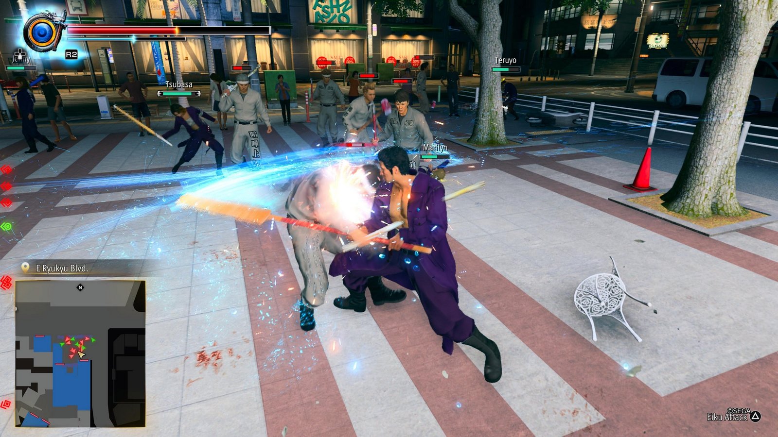 Kiryu swipes his paddle as enemies advance in Yakuza Kiwami 3 &amp; Dark Ties
