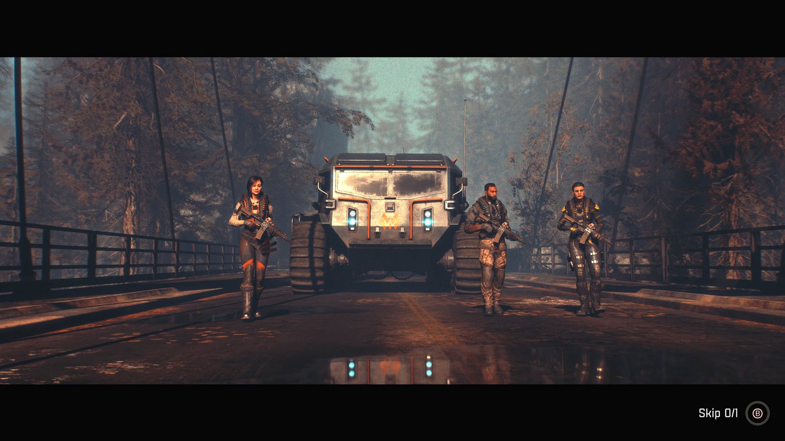 A cinematic shows the players escorting a chunky truck across a bridge in John Carpenter's Toxic Commando