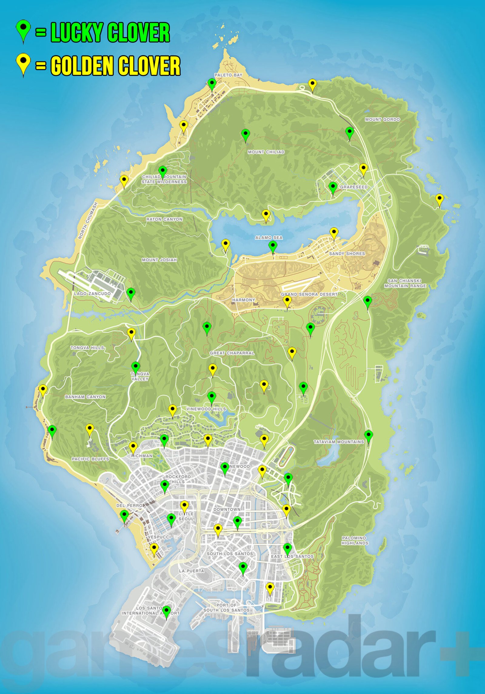 GTA Online map showing locations of all Lucky Clovers and Golden Clovers