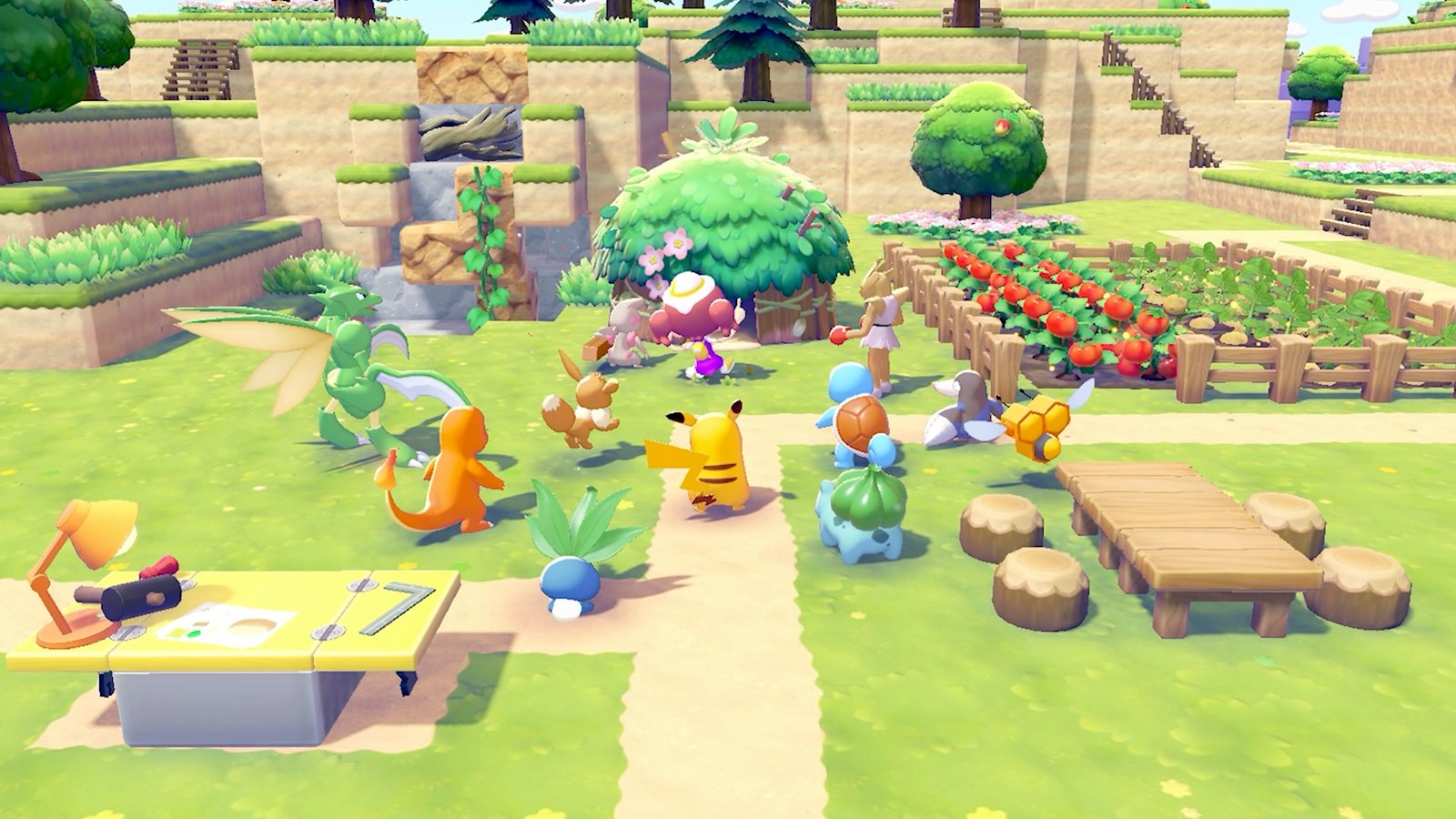 Pokemon gathering to watch a new hut being built in Pokemon Pokopia, with a waterfall being constructed in the background