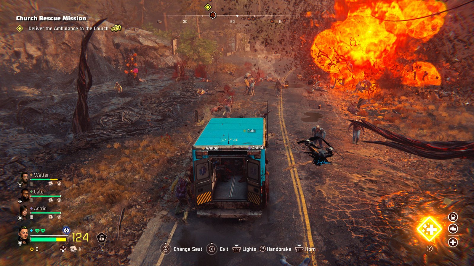 The players drive a blue truck through an infected space in John Carpenter's Toxic Commando