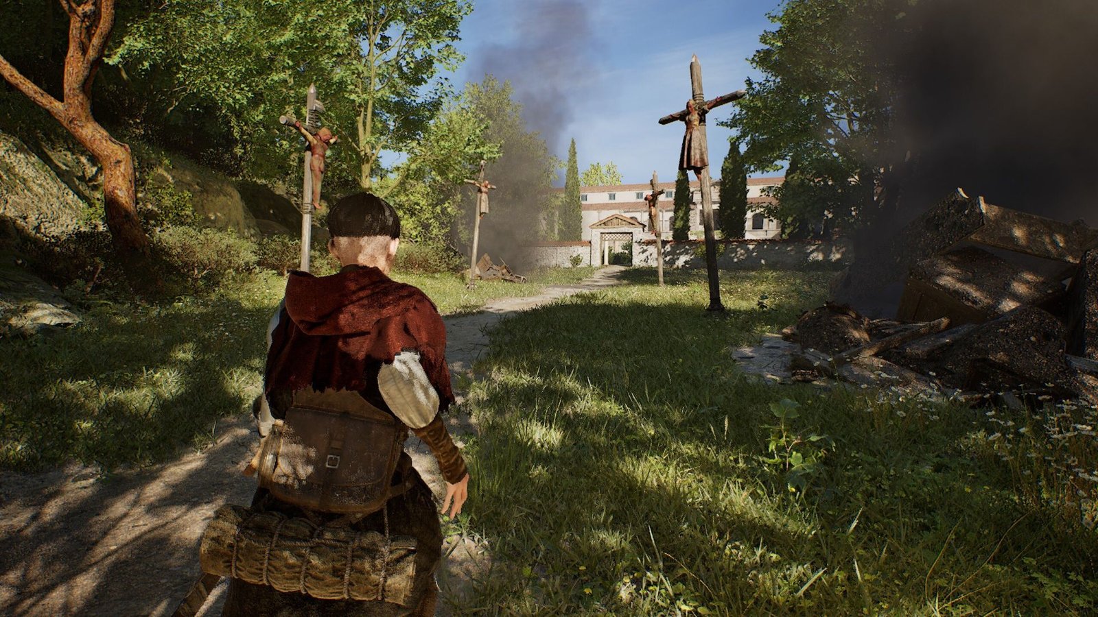 1348 Ex Voto screenshot showing the protagonist walking through a row of crucifixions
