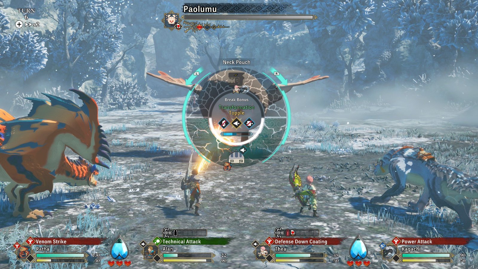 Targeting a Paolumu neck pouch in a snowy battle in Monster Hunter Stories 3: Twisted Reflection