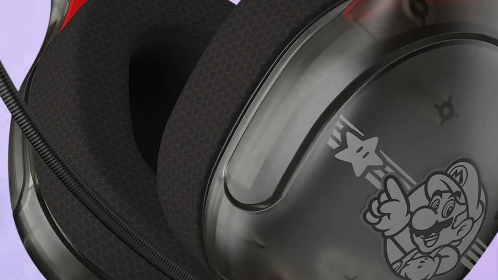 Close up of the Turtle Beach Mario Airlite Fit wired gaming headset earcup.