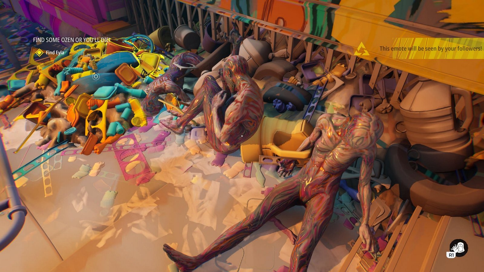 Plastic bodies lie next to trash, in Tides of Tomorrow
