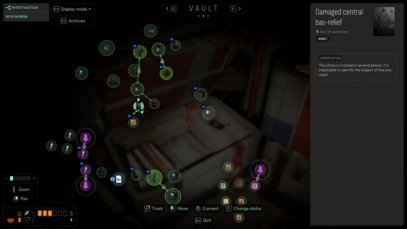 Noah's mind map Archive in Cthulhu: The Cosmic Abyss showing several groups of clues connected with green and purple highlights
