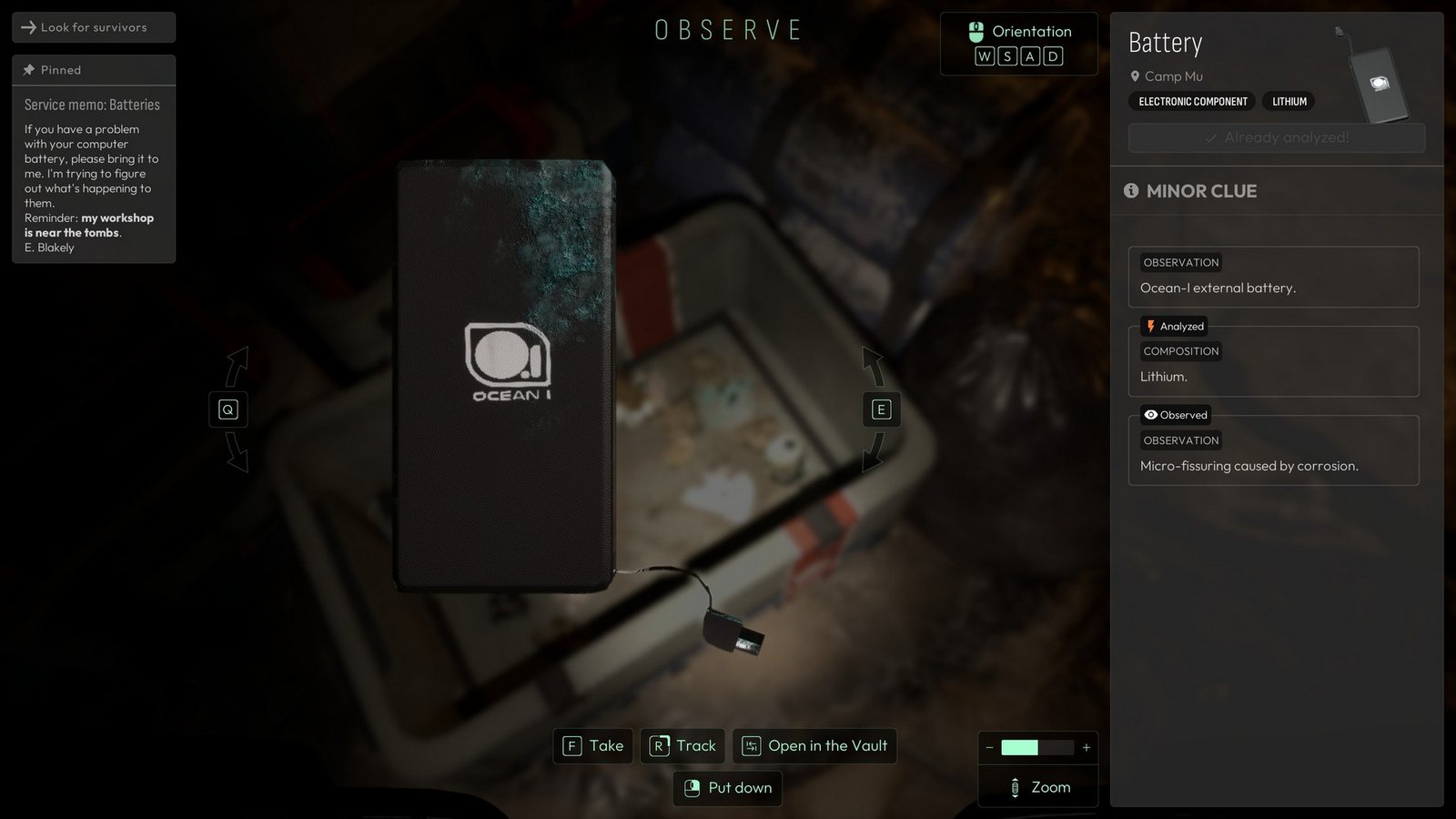 Investigating a battery in Cthulhu: The Cosmic Abyss