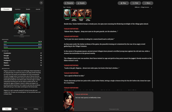 Écran de jeu et fiche personnage sur Voyage