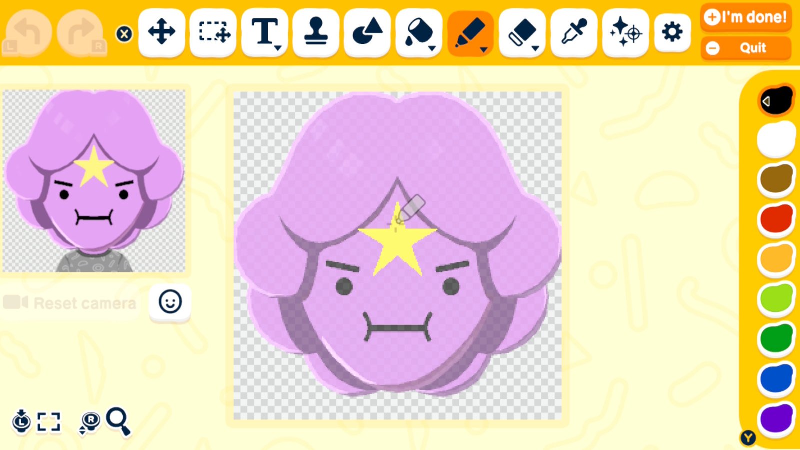 A view of the paint tool in the Mii maker for Tomodachi Life: Living the Dream