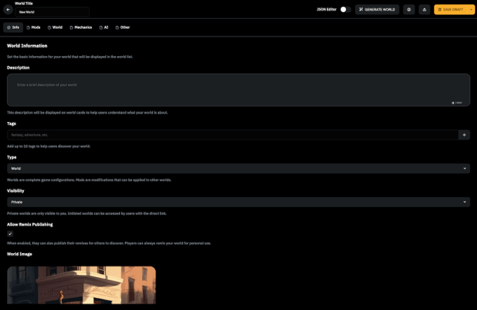 Interface de création de mondes sur Voyage