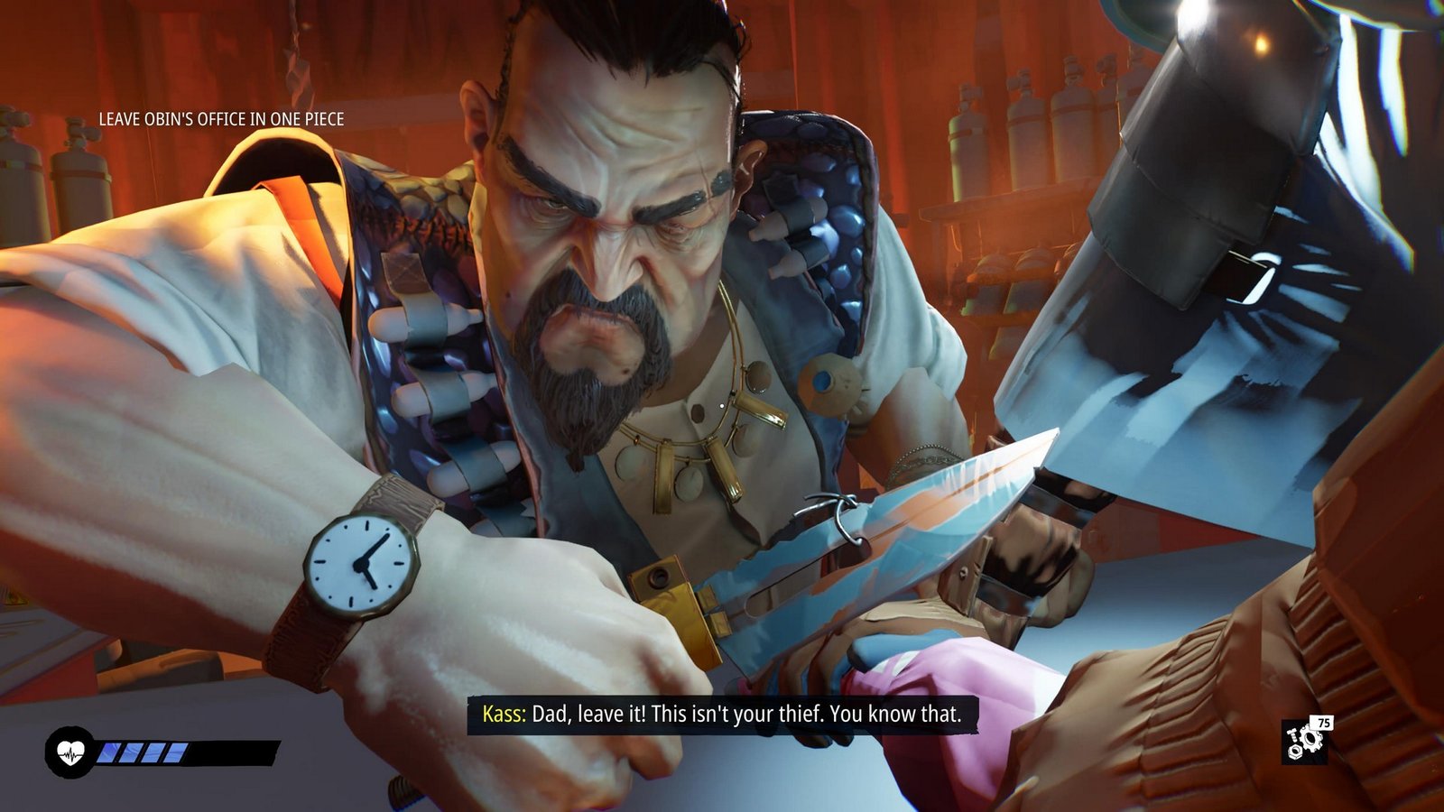 Maruder leader Obin threatens to cut off one of the player's fingers with a big knife, in Tides of Tomorrow