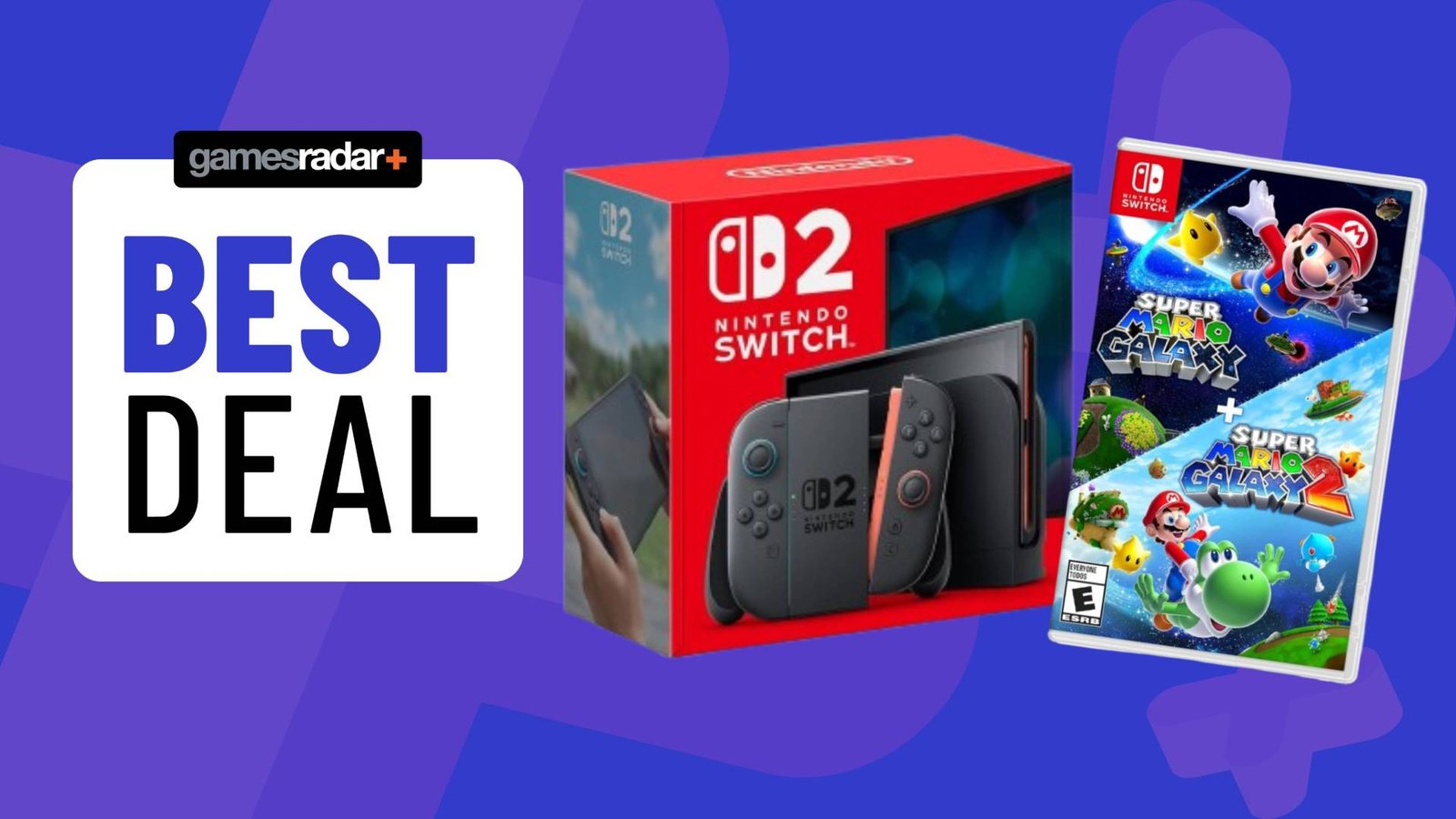Image of a Nintendo Switch 2 and Super Mario Galaxy & Super Mario Galaxy 2 on the Switch a blue GamesRadar+ background.