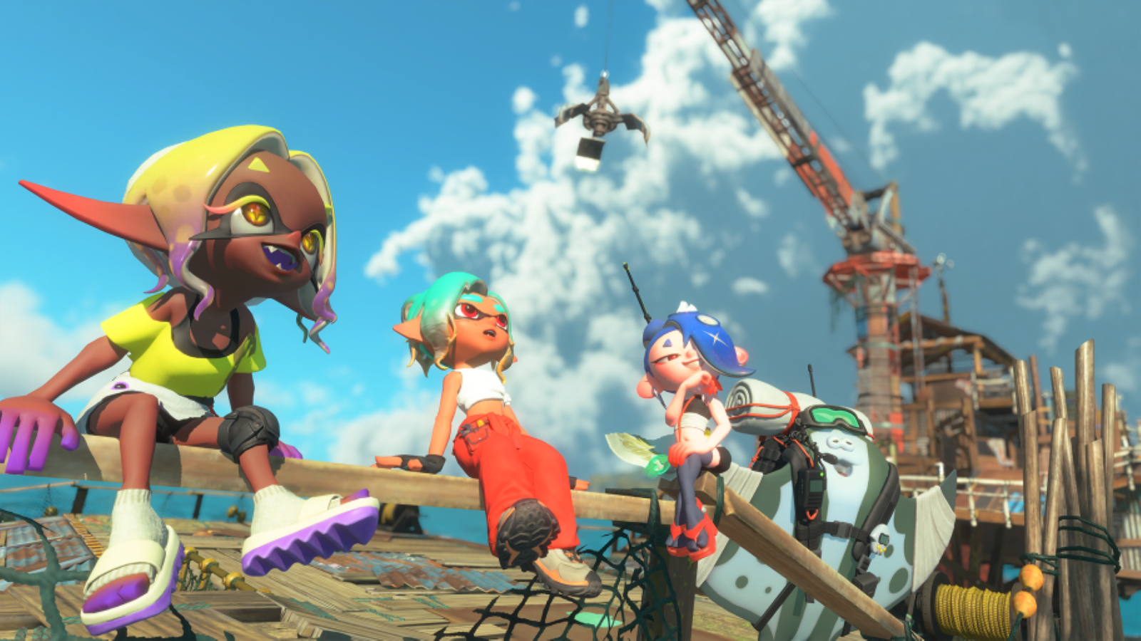 A screenshot from Splatoon Raiders' reveal trailer, showing three inklings sitting on what looks like a wooden fence and looking in amazement at the distance.