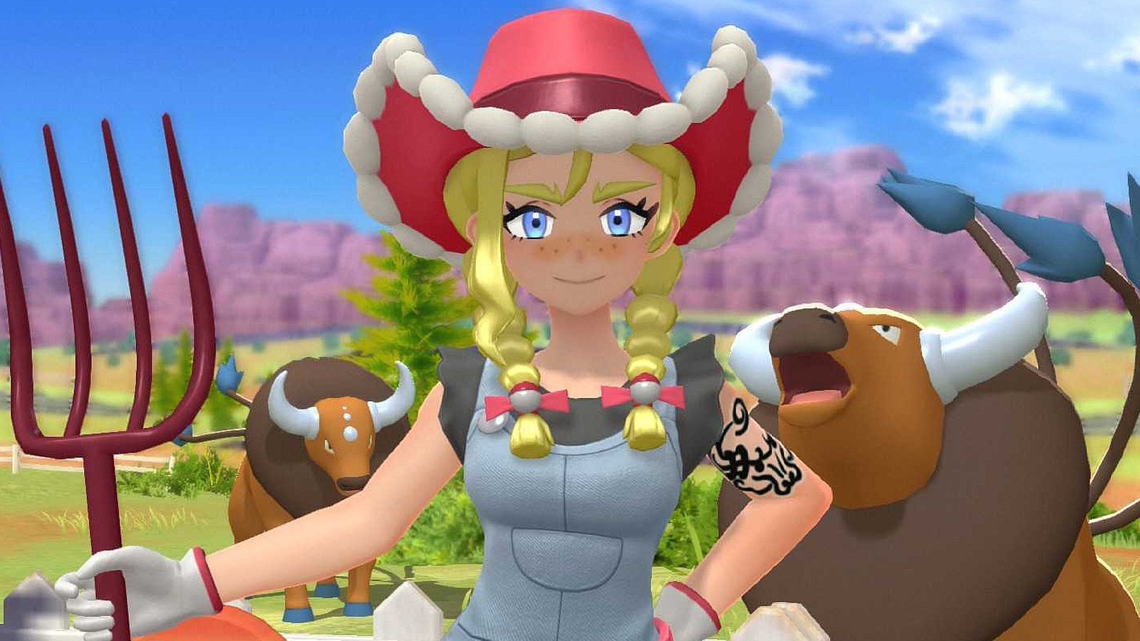 A blonde-haired rancher stands next to a Tauros in Pokemon Champions.