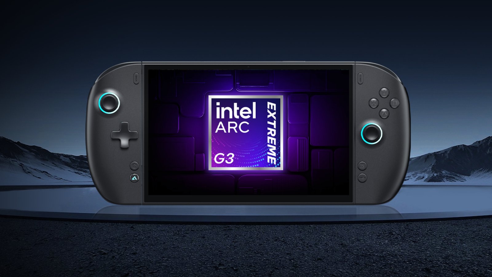 OneXPlayer handheld with Intel Arc G3 chipset logo on screen.