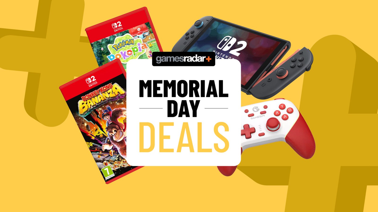 Nintendo Switch 2 games, console, and controller on a yellow background with Memorial Day deals badge