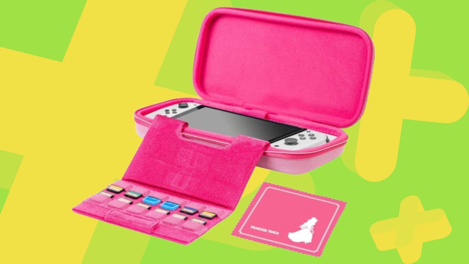 Image of the interior of the RDS Industries Princess Peach Switch 2 case, with a green GamesRadar+ background.