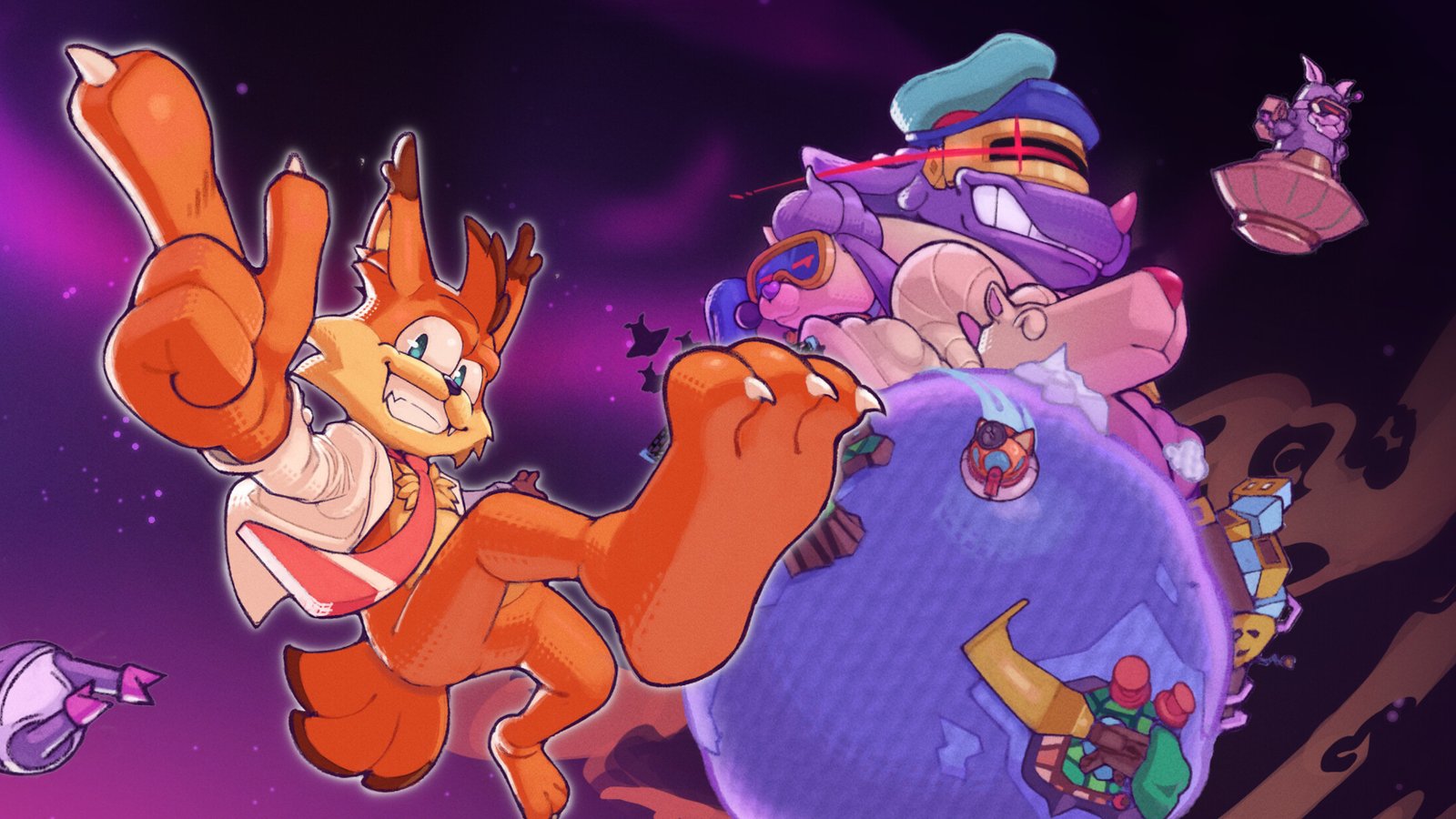 Key art for Bubsy 4D showing the bobcat star posing with his finger and claw pointing outward in space, surrounded by planets and other characters