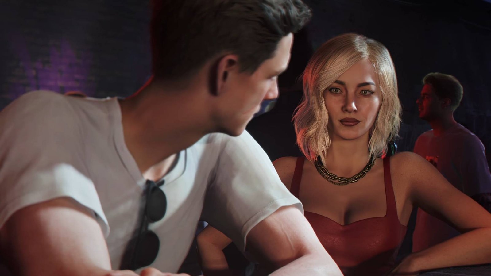 James Bond talking to blonde woman in red dress at a bar