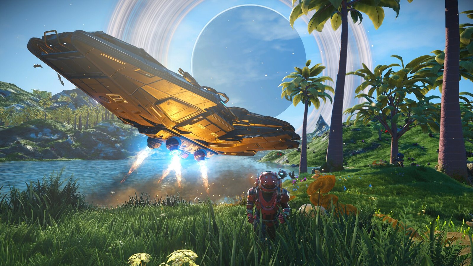 No Man's Sky on PC showing a player traversing planet-side after disembarking from a ship