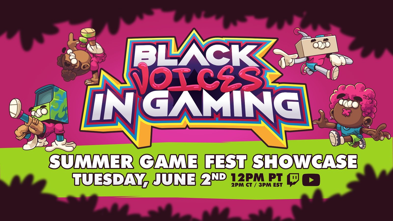 The Black Voices in Gaming showcase banner for June 2, 2026 as part of the Summer Game Fest schedule