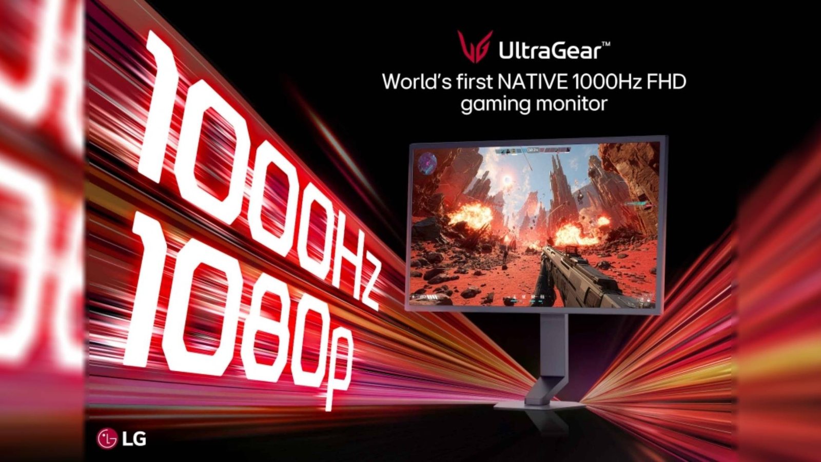 LG UltraGear 25G590B monitor next to "1,000Hz 1080p" text.