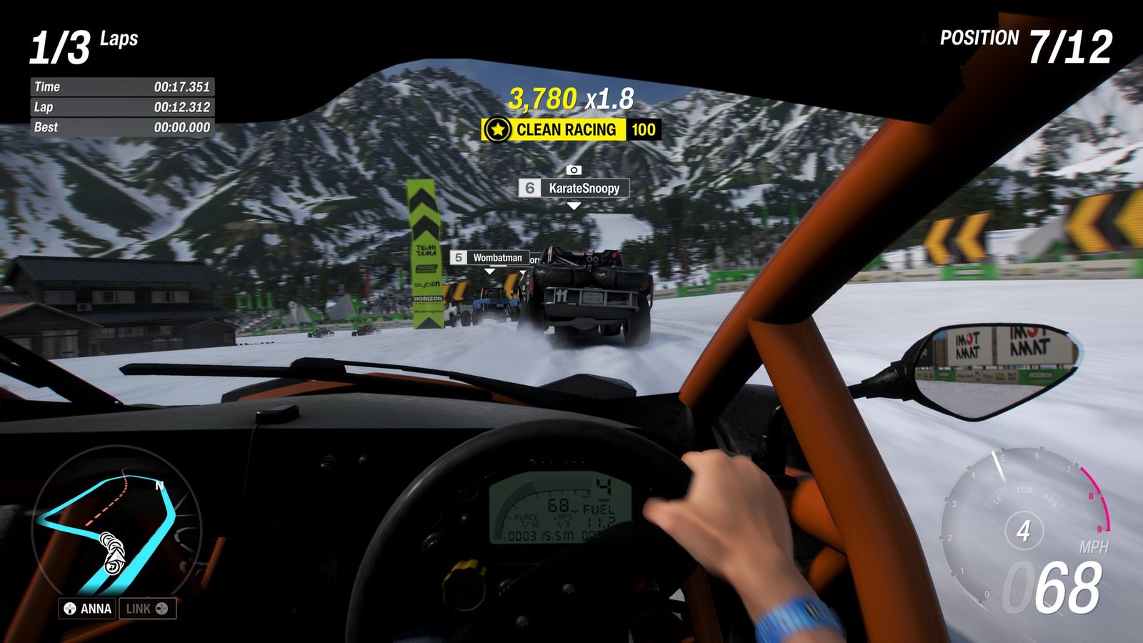 Being rewarded for clean racing while driving through the snow in fist-person in Forza Horizon 6