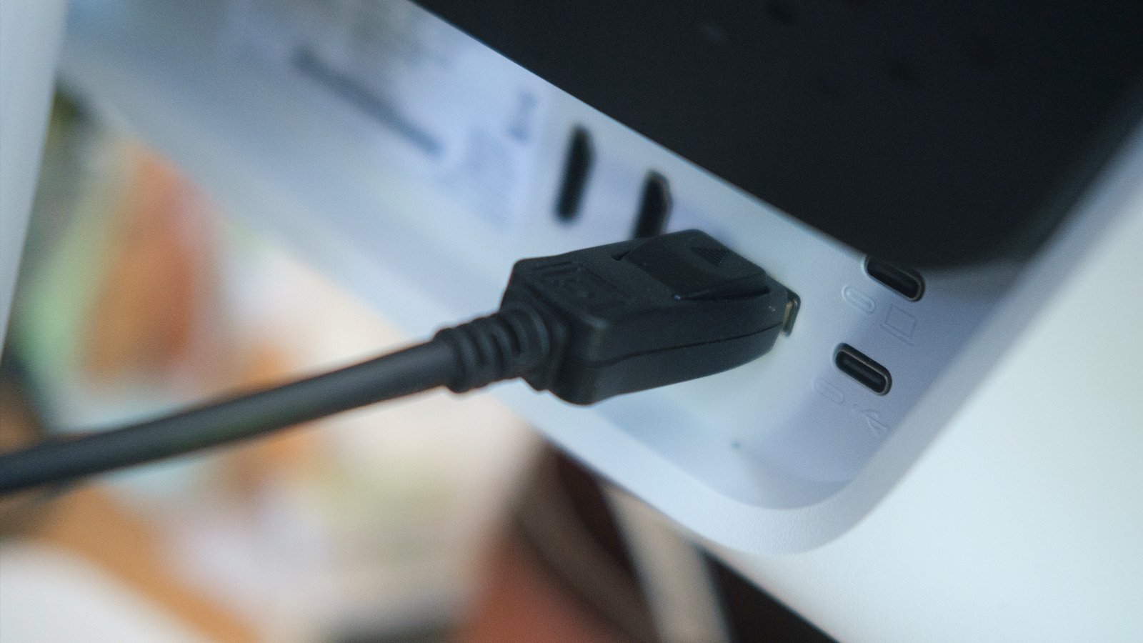 Close up of BenQ Mobiuz EX271UZ monitor ports.