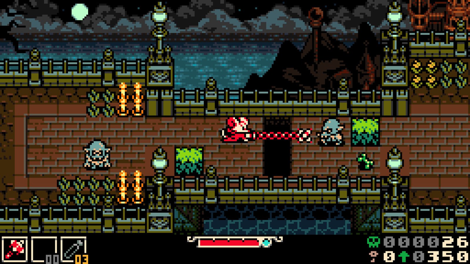 Mina attack an enemy across a pit in Mina the Hollower