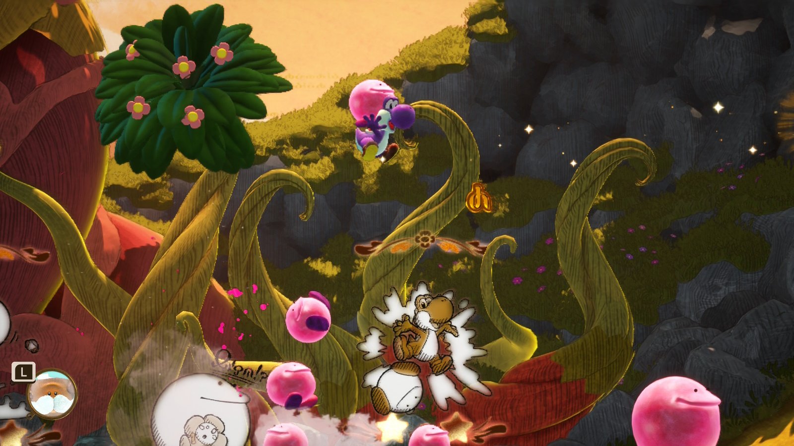 In Yoshi and the Mysterious Book, a purple Yoshi jumps in the air with a blob-like pink creature on his back and jumps on other blob-like creatures below